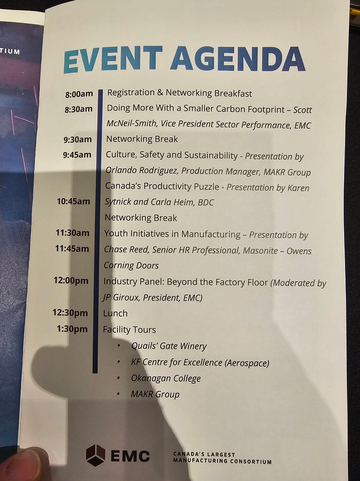 The printed programme for EMC’s Kelowna Manufacturing Excellence Forum