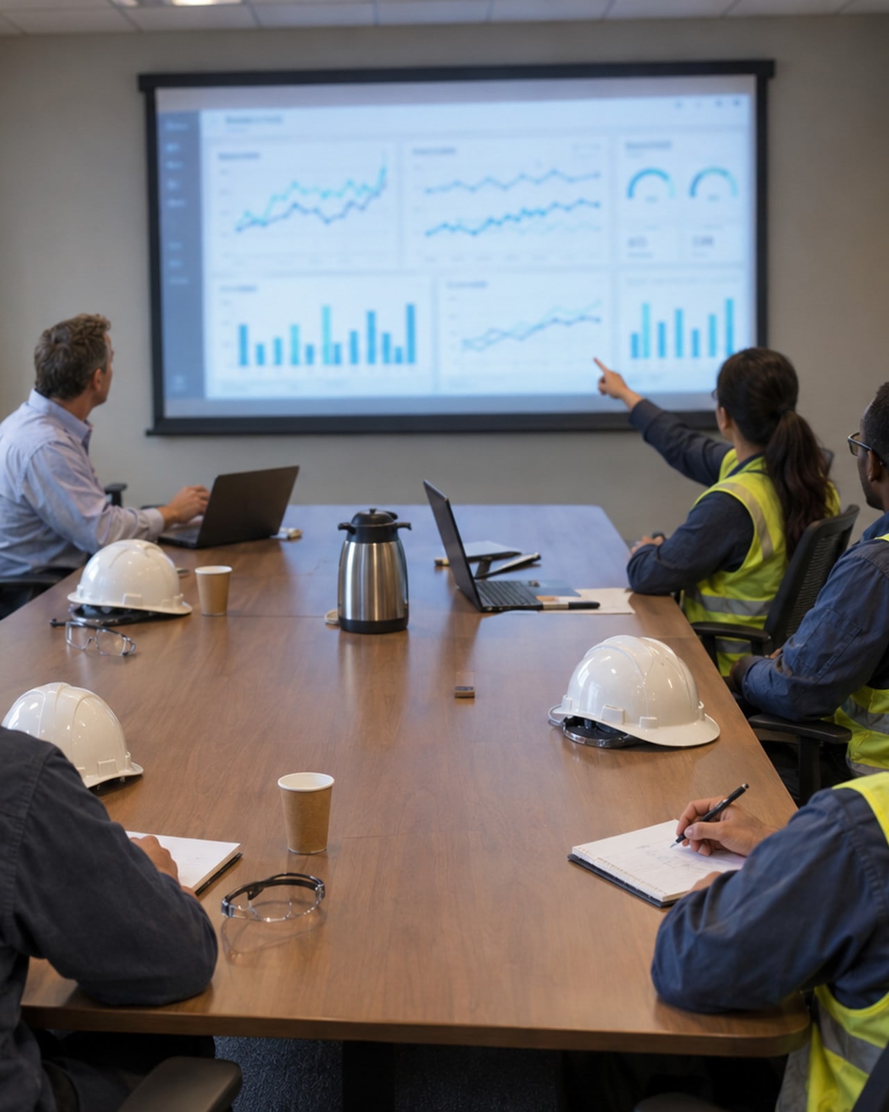 A plant team around a boardroom table watching an energy dashboard on the wall screen, the works beyond the glazing