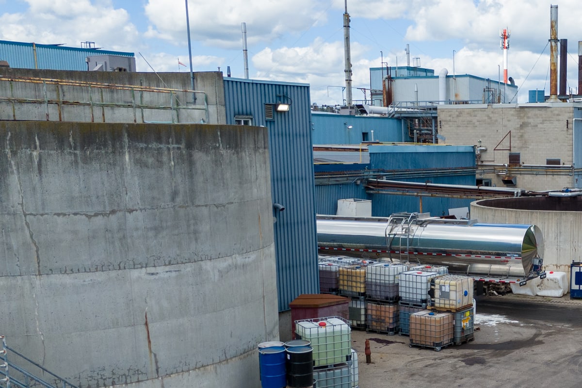 Storage tanks and pipework at an industrial facility