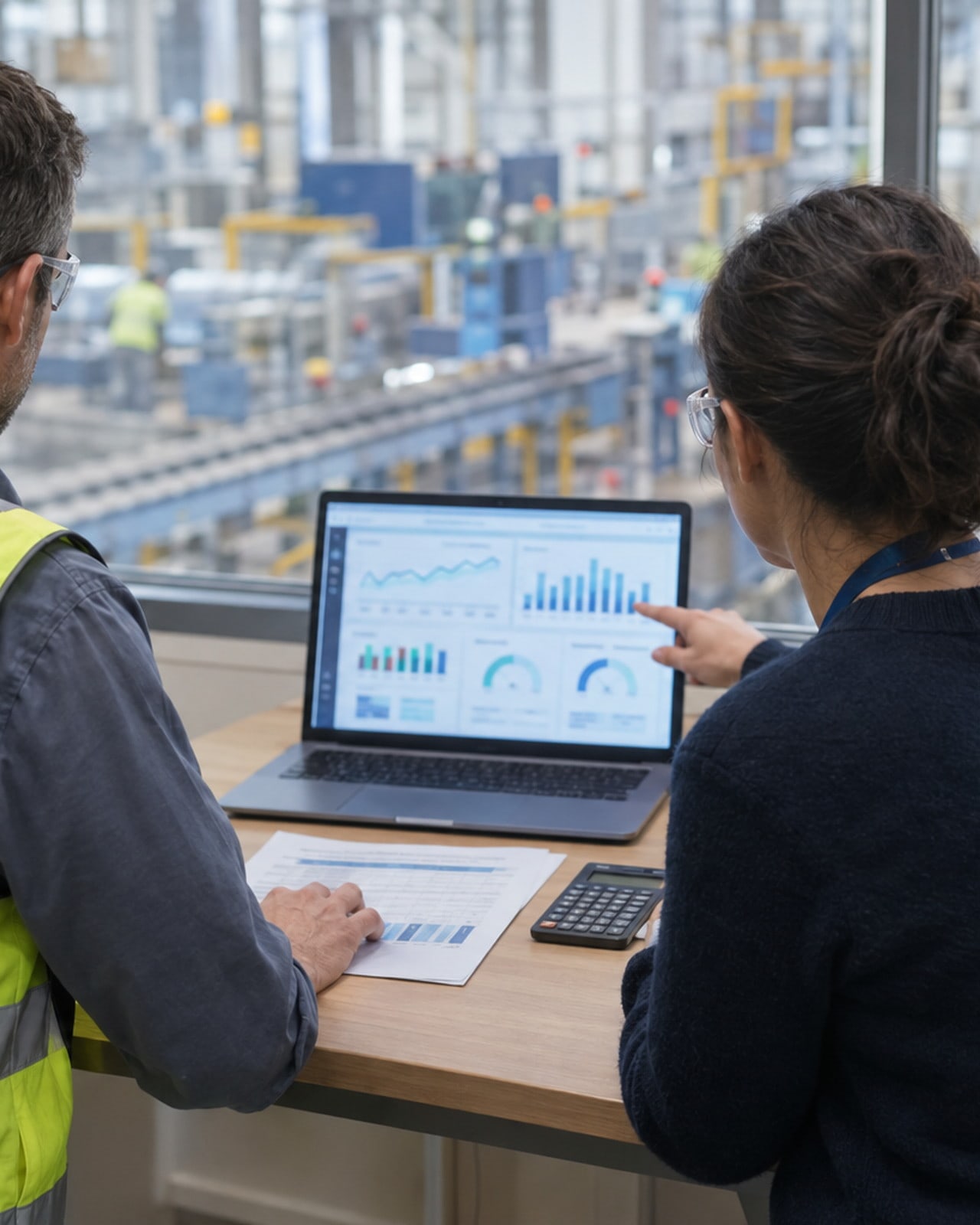 Two people at a laptop above a production line, reading an energy dashboard together